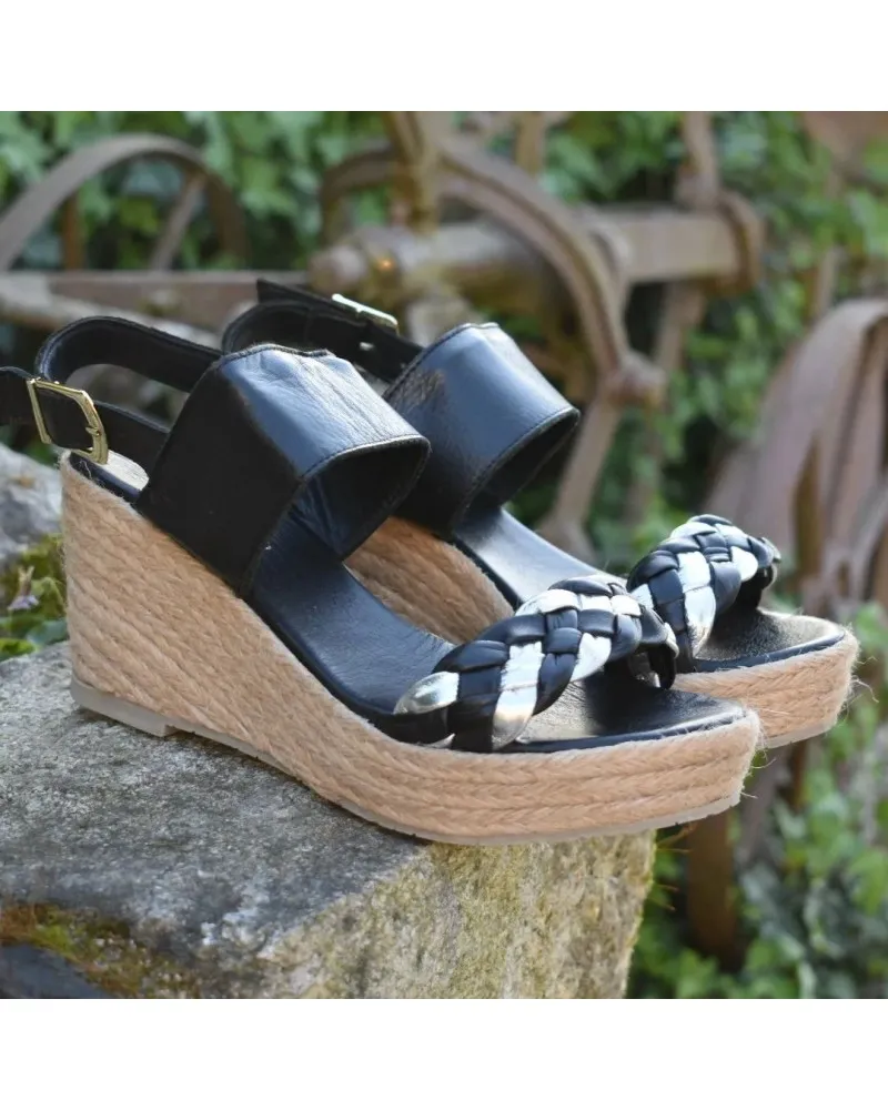 Alpargata Valenciana de piel top3shoes 22627 NEGRA Y PLATA