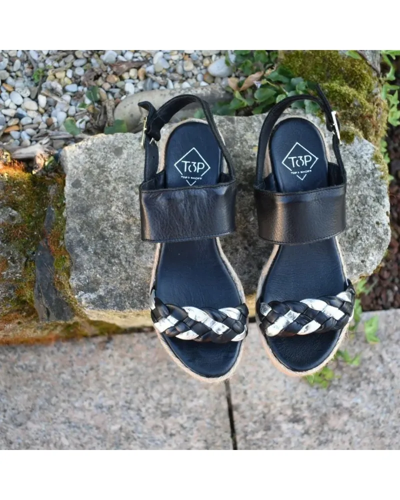 Alpargata Valenciana de piel top3shoes 22627 NEGRA Y PLATA