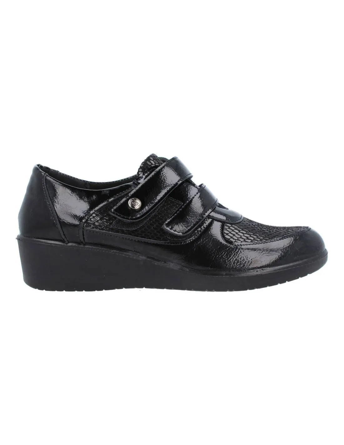 AMARPIES  ZAPATO CONFORT CUñA VELCROS REPTIL CHAROL NEGRO