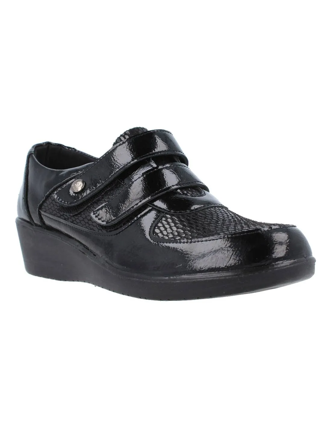 AMARPIES  ZAPATO CONFORT CUñA VELCROS REPTIL CHAROL NEGRO