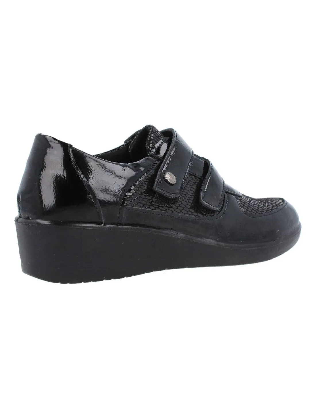 AMARPIES  ZAPATO CONFORT CUñA VELCROS REPTIL CHAROL NEGRO