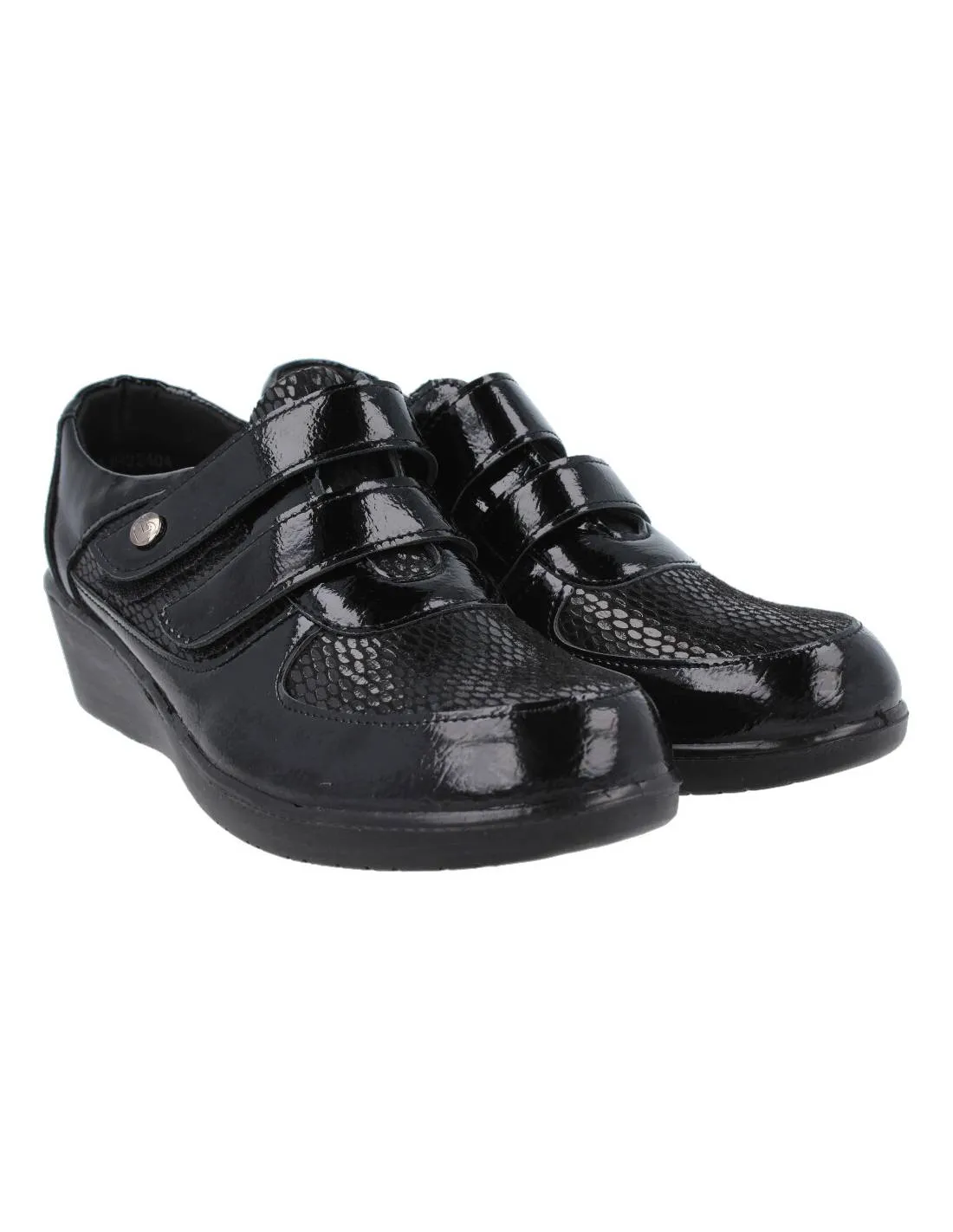 AMARPIES  ZAPATO CONFORT CUñA VELCROS REPTIL CHAROL NEGRO