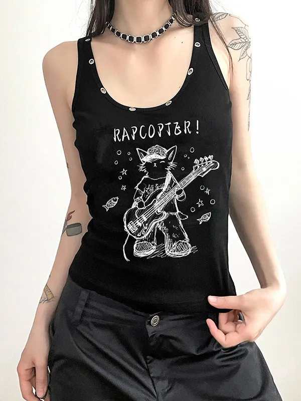 Camiseta sin mangas negra ajustada informal con cuello redondo