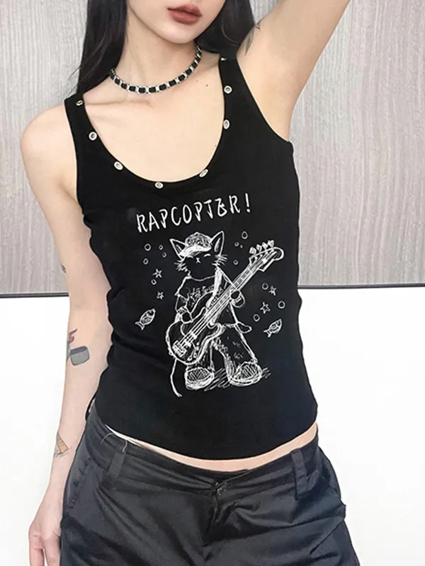 Camiseta sin mangas negra ajustada informal con cuello redondo