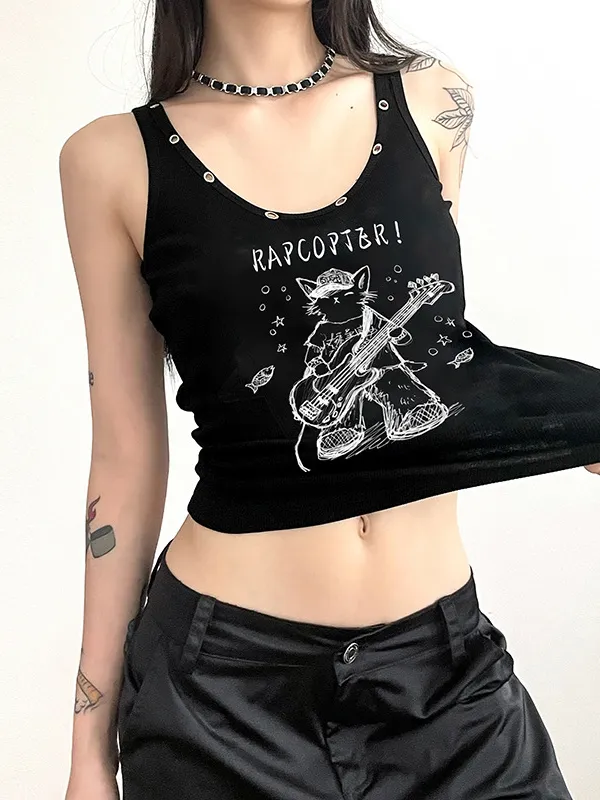 Camiseta sin mangas negra ajustada informal con cuello redondo