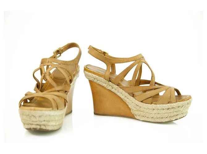 Miu Miu Sandalias De Tacón De Cuña De Cuero Tan De Yute Zapatos De Plataforma Alpargatas SZ 41 Castaño 