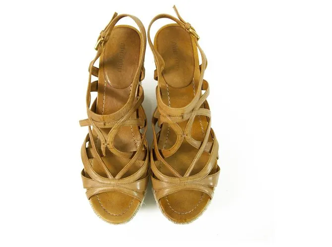 Miu Miu Sandalias De Tacón De Cuña De Cuero Tan De Yute Zapatos De Plataforma Alpargatas SZ 41 Castaño 