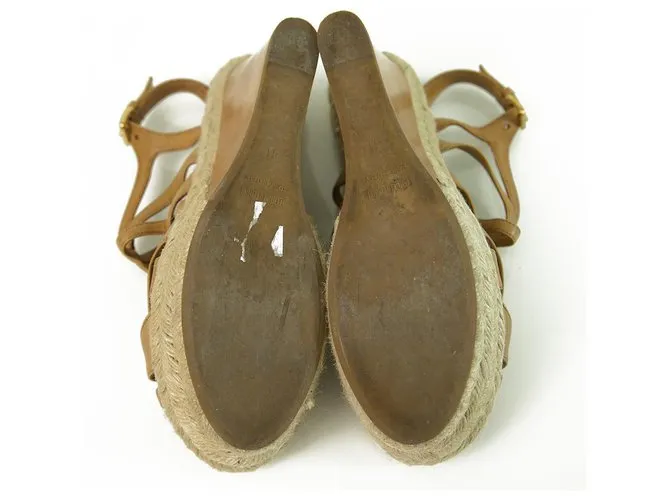 Miu Miu Sandalias De Tacón De Cuña De Cuero Tan De Yute Zapatos De Plataforma Alpargatas SZ 41 Castaño 