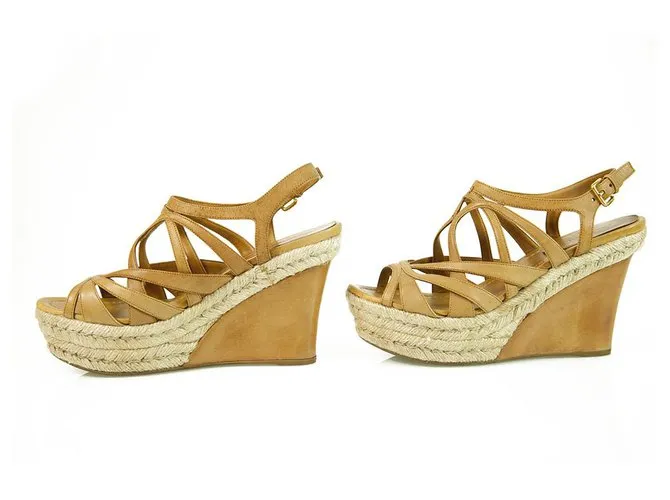 Miu Miu Sandalias De Tacón De Cuña De Cuero Tan De Yute Zapatos De Plataforma Alpargatas SZ 41 Castaño 