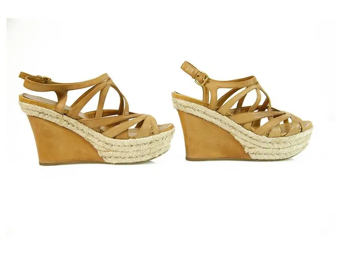 Miu Miu Sandalias De Tacón De Cuña De Cuero Tan De Yute Zapatos De Plataforma Alpargatas SZ 41 Castaño 