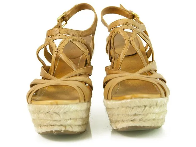 Miu Miu Sandalias De Tacón De Cuña De Cuero Tan De Yute Zapatos De Plataforma Alpargatas SZ 41 Castaño 