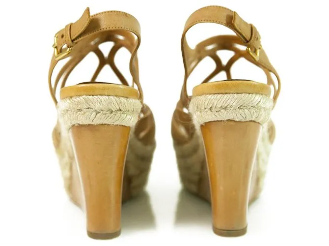 Miu Miu Sandalias De Tacón De Cuña De Cuero Tan De Yute Zapatos De Plataforma Alpargatas SZ 41 Castaño 