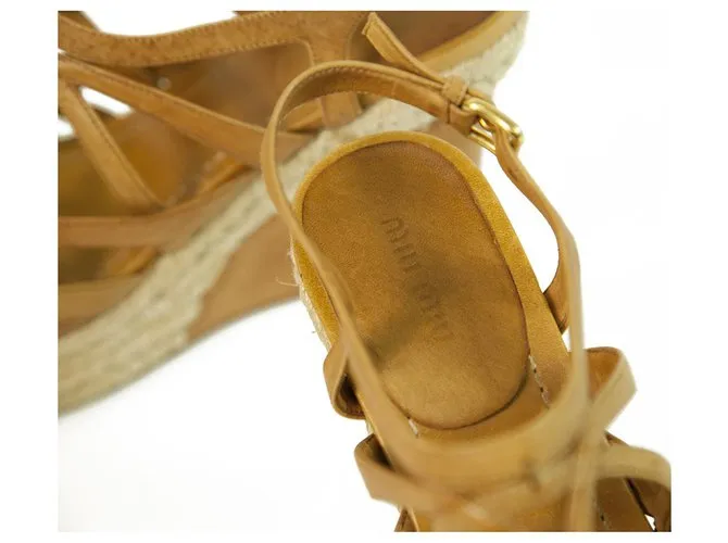 Miu Miu Sandalias De Tacón De Cuña De Cuero Tan De Yute Zapatos De Plataforma Alpargatas SZ 41 Castaño 