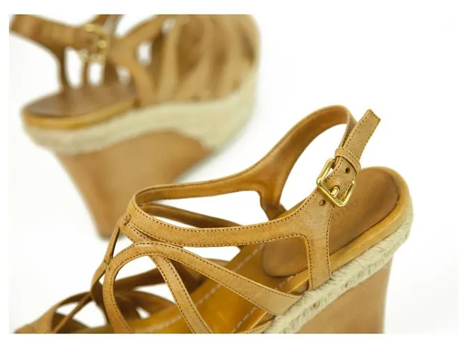 Miu Miu Sandalias De Tacón De Cuña De Cuero Tan De Yute Zapatos De Plataforma Alpargatas SZ 41 Castaño 