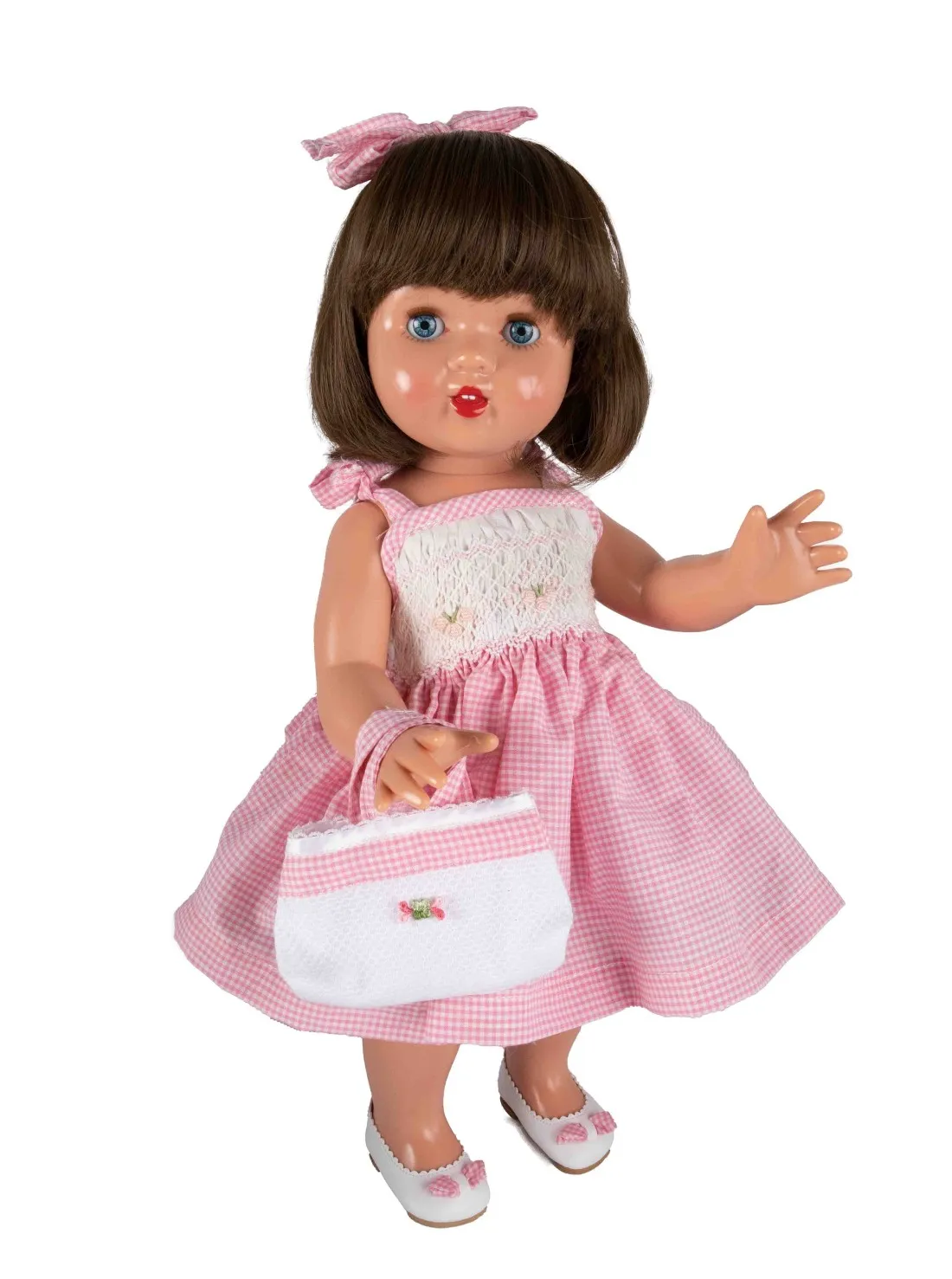 MUñECA MARIQUITA PéREZ VESTIDO VICHY ROSA CON BOLSO  VINILO 50CM.