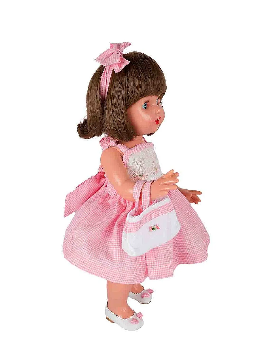MUñECA MARIQUITA PéREZ VESTIDO VICHY ROSA CON BOLSO  VINILO 50CM.