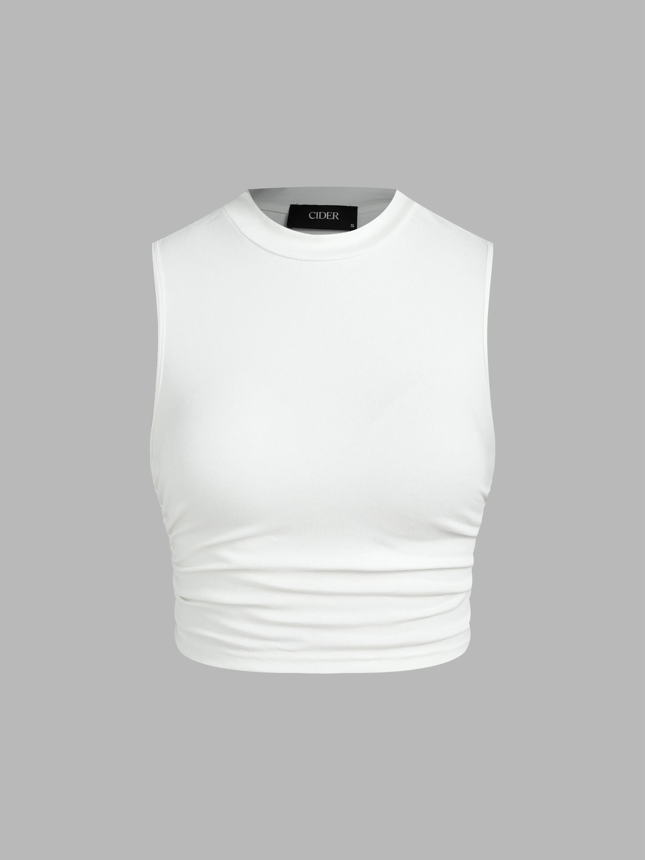 Top Crop Fruncido Sin Mangas y Cuello Redondo Unicolor